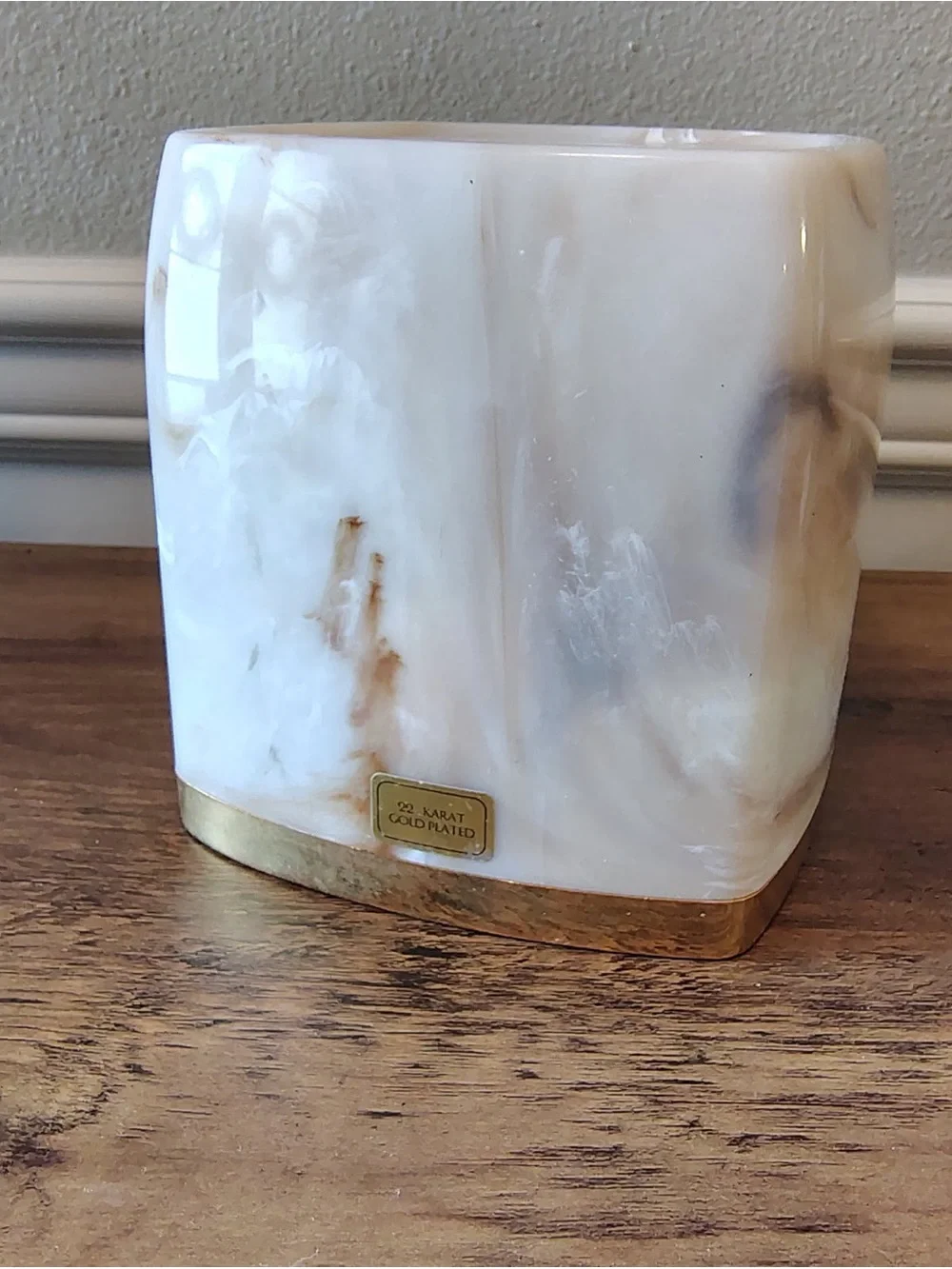Vtg 90s Faux Marble Tissue Box Cover Plastic Cream Square 22 Karat Gold Plated